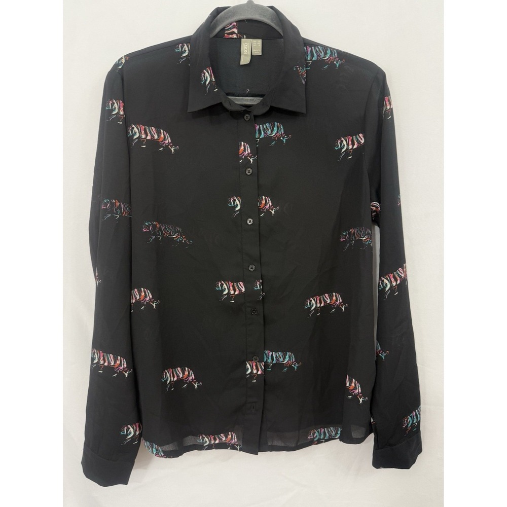 ASOS Black Sheer Long Sleeve Button Front Top Colorful Tiger Print Womens Size 8